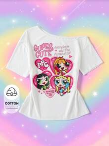 THE POWERPUFF GIRLS X SHEIN Women's Letter Cartoon Print Asymmetric Shoulder T-Shirt - White - View 1