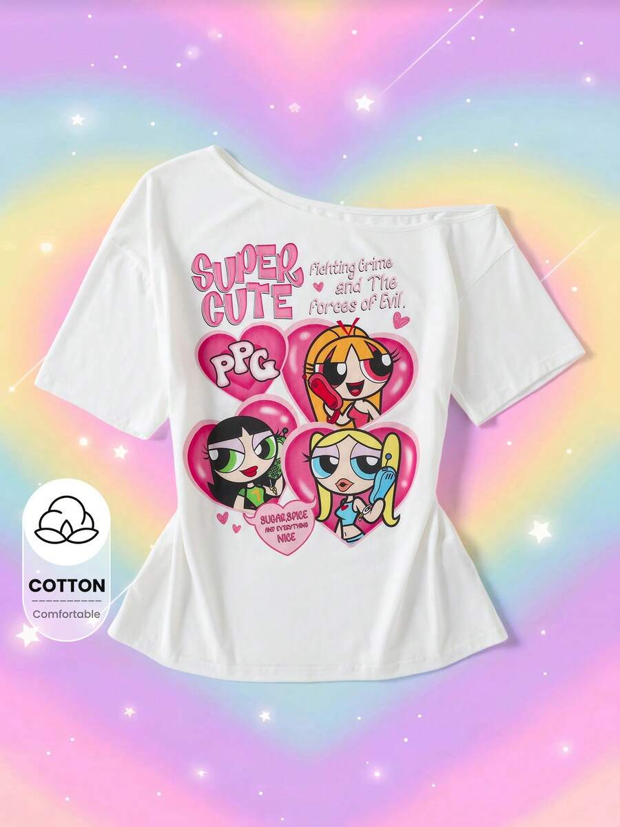 THE POWERPUFF GIRLS X SHEIN Women's Letter Cartoon Print Asymmetric Shoulder T-Shirt - White - View 1