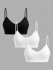 SHEIN Girlism 兒童青少年女孩 2件白色 1件黑色 3件組多件套裝 簡約V領細肩帶背心、胸墊內衣與賽車背內褲套組，舒適素色，春夏穿著，Clean Girl/美式風格，適合年輕女孩 - 黑與白 - 查看 3