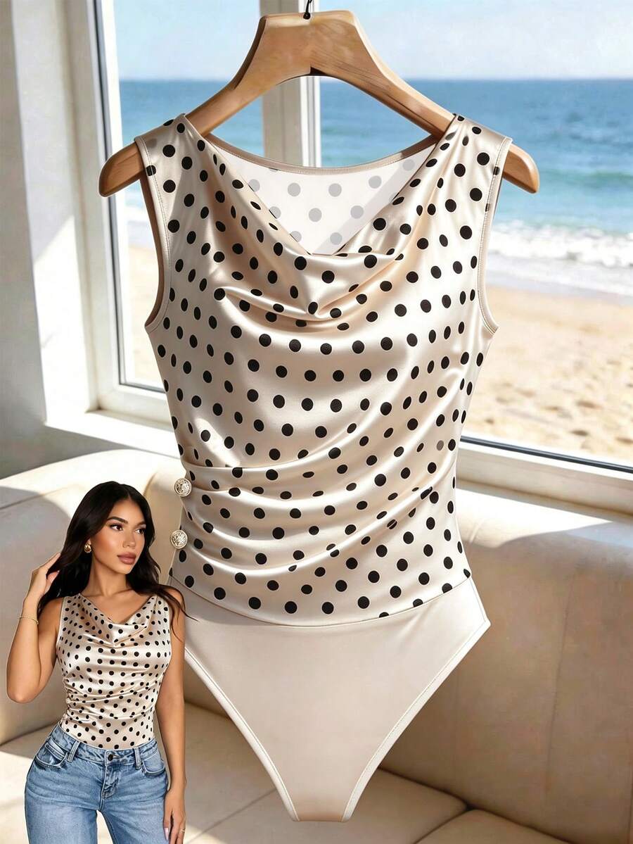 SHEIN Raffinéa 女款黑色波點夏季優雅早午度假香檳色緞面連身衣,無袖垂領側褶金屬鈕扣修身休閒連身衣 - 杏色 - 查看 1
