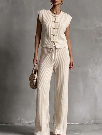 SHEIN Holidaya Women's Soft Oatmeal Knit 2-Piece Set, New Chinese Style Frog Button Cap Sleeve Cropped Knit Top With Drawstring Wide Leg Casual Pants, Soft Textured Knit Outfit For Home, Outing, Commute, Vacation, Versatile Retro National Style, Elegant Slimming Matching Knit Set