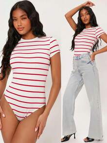 SHEIN BASICS 女款連身衣夏季穿搭，適合城市短途旅行度假，紅白條紋休閒熱帶風 - 紅白色 - 查看 2