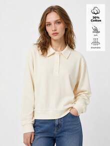 SHEIN BASICS Women's Cream White Polo Collar Long Sleeve Casual Top Cotton Going Out Everyday Travel Everyday Home School Graduation College Outfits Autumn - Light Yellow - View 7