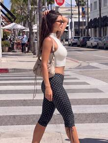 Pariaura 2pcs/Set White High Neck Sleeveless Tank Top And Long Drawstring Pants With Round Print Gym Workout Black Polka Dot Summer Casual Athleisure - Black and White - View 4