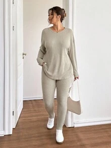 Lounesse Plus Size Women Plain Grey Ribbed Knit Set,Autumn Crew Neck Long Sleeve Top And Pants 2 Pieces,Smart Casual Everyday Lounge Comfy Sweater Sets Fall - Multicolor - View 5