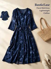 Rusticease Elegant Floral Print V-Neck Waist Knot Dress For Middle-Aged And Elderly Women - Navy Blue - View 1