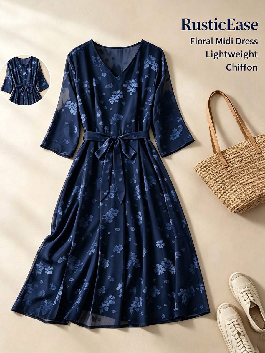 Rusticease Elegant Floral Print V-Neck Waist Knot Dress For Middle-Aged And Elderly Women - Navy Blue - View 1