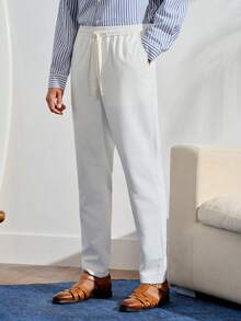 VeloEdit Men's White Summer Casual Vacation Holiday Business INS Street Skinny Cropped Pants,Basic Solid Trousers For Everyday Commuting Travel Fall - White - View 5