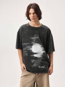 Vaulklash Manfinity Streetrush Men's Blurred Face Print Snow-Washed Cotton T-Shirt,Dark Grey Summer Streetwear City Break Short-Sleeved Round Neck Graphic Tee - Black - View 5