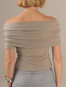 KÆRIA Hus Ruched Off-Shoulder Top - Lyocell Jersey - Purple - Relaxed Fit, Minimalist Casual, Elegant, Date Night Brunch Summer Going Out - Grey - View 2