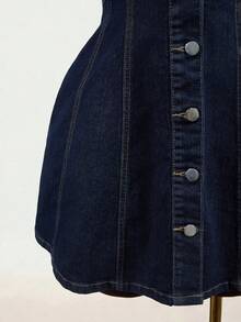 Mistrie Women's Outdoor Fashion Commute Button-Up Pleated All-Season Deep Blue Raw Denim Dress - Dark Wash - View 6