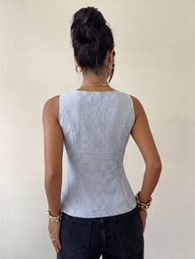 SHEIN Women's Spring/Summer New Blue & White Striped Pure Cotton Sleeveless Square Neck Slim Fit Single-Breasted Casual Top, Commute Daily Versatile Elegant Style, Minimalist European & American Style Camisole - Blue and White - View 2