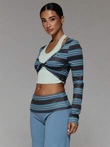 Musera Sport Contrast Colour Striped V Plunge Twist Front Double Layered Long Sleeve Active Top Workout Gym Cute Pilates Fitness Daily - Multicolor - View 4