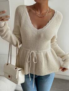 DAZY Sweater Pullover Elegan Wanita Lengan Panjang Leher V dengan Pinggang Terikat untuk Musim Gugur - Aprikot - View 6