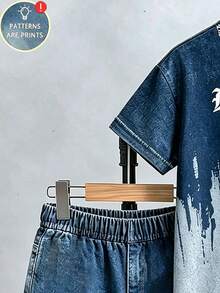 SHEIN 休閒舒適個性字母藍棕拼接色休閒風春夏短袖T恤套裝 - 彩色 - 查看 5