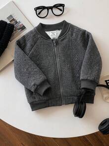 SHEIN Abyboy 嬰兒女童灰色秋冬可愛百搭極簡純色紋理布料夾克外套，適合秋冬穿著 - 藏蓝色 - 查看 5