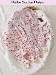 SHEIN Vintaside Kids 3套隨機發送1套，2件裝新生女嬰居家服，可愛草莓愛心櫻花印花女嬰荷葉邊長袖連身連腳褲附髮帶 - 粉色 - 查看 3