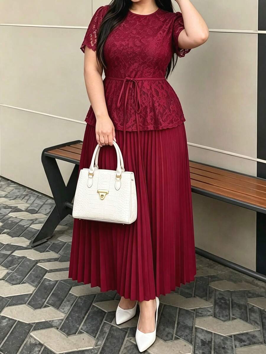 Modelyn Plus Size Women's Round Neck Lace Waist Tie Pleated Casual Date Outing Summer Dress - Burgundy - View 1