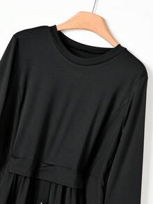 Rusticease Women's Solid Color Round Neck Long Sleeve Button Design Casual Modest Long Dress Autumn Elegant Office Dinner Black - Black - View 4