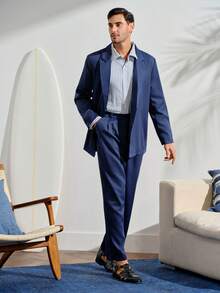 VeloEdit Men's Solid Color Single-Breasted Long Sleeve Suit Blazer And Pocket Decorated Suit Pants Set For Ceremony Formal WeddingFall Winter Business Commute‌ Old Money - Navy Blue - View 4