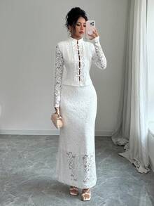 SHEIN Elenzya 2pcs Set Exquisite Hollow Lace Frog Button Top & High Waist Long Skirt - White - View 1