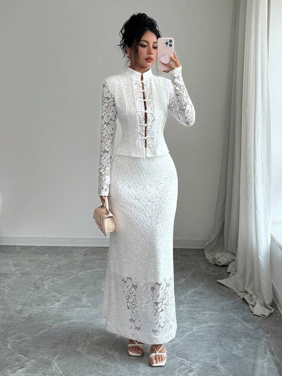 SHEIN Elenzya 2pcs Set Exquisite Hollow Lace Frog Button Top & High Waist Long Skirt - White - View 1