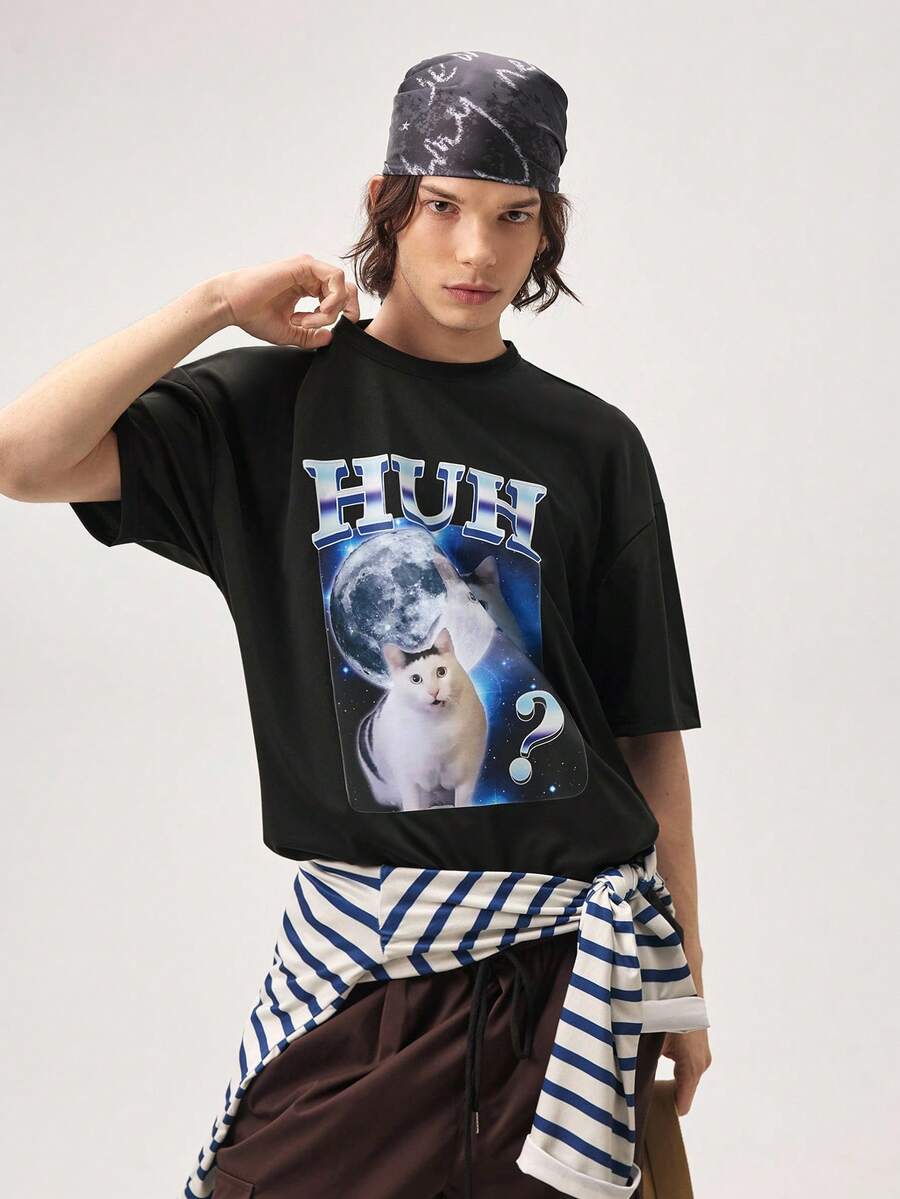 Vaulklash Men's Round Neck Short Sleeve Casual Cat Print T-Shirt - Black - View 1