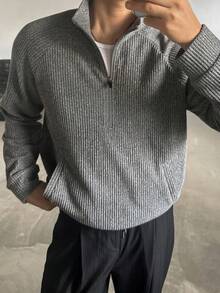 DAZY Spring/Autumn Knit Fabric Stand Collar Half-Zip Grey Slightly Loose Fit Men's Pullover Sweatshirt - Multicolor - View 6