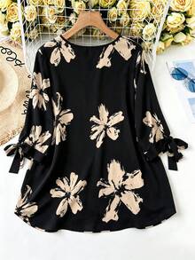 SHEIN LUNE 夏季V领系带袖口七分袖休闲条纹度假衬衫 - 黑色 - 查看 2