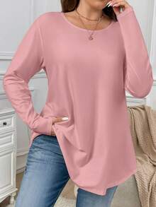 Firerie Plus Size Elegant Casual Loose Long Sleeve Crew Neck Solid Basic Layering Ruffle Hemline T-Shirt Spring Fall - Pink - View 7