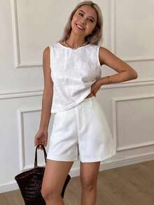 Livesso Spring Summer Loose Business Casual Fashion Office Wear Street Straight Leg Casual Pants White Women's Shorts School - White - View 2