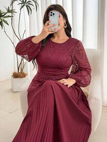 Modelyn Elegant Solid Color Lace Patchwork Round Neck Long Sleeve Cinched Waist Pleated Hem Regular Fit Plus Size Dress For Spring And Autumn - Burgundy - View 8