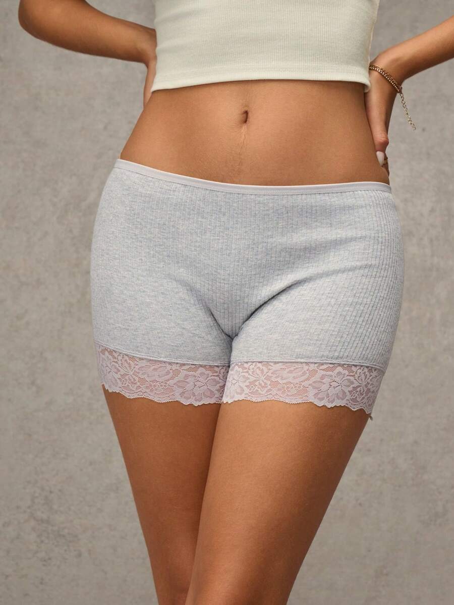 Esseday Grey High Elastic Lace Patchwork Casual Daily Minimalist Comfortable Women's Safety Shorts - Light Grey - View 1