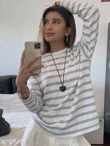 DAZY Striped Loose Drop Shoulder Long Sleeve Round Neck Women Casual T-Shirt - Blue and White - View 5
