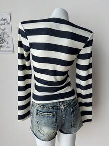 DAZY Women's Striped Colorblock Casual Daily Wear T-Shirt Summer - Black - View 2