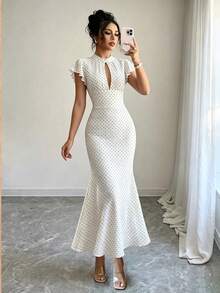Flora Isola Flora Isola Vintage White With Black Polka Dot Cinched Waist Bodycon Dress With Train - Multicolor - View 6