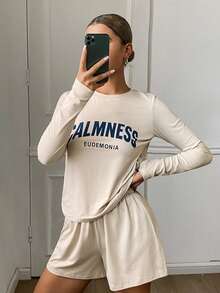 Livesso 2 piezas/Set Pijama para mujer con camiseta de manga larga cuello redondo con gráfico en inglés y pantalones de dormir cortos de pierna ancha para otoño - Albaricoque - Ver 6
