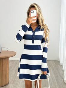 Easowa Vestido Curto Casual Feminino com Blocos de Cor e Listras, Outono - Azul e Branco - Visão 3