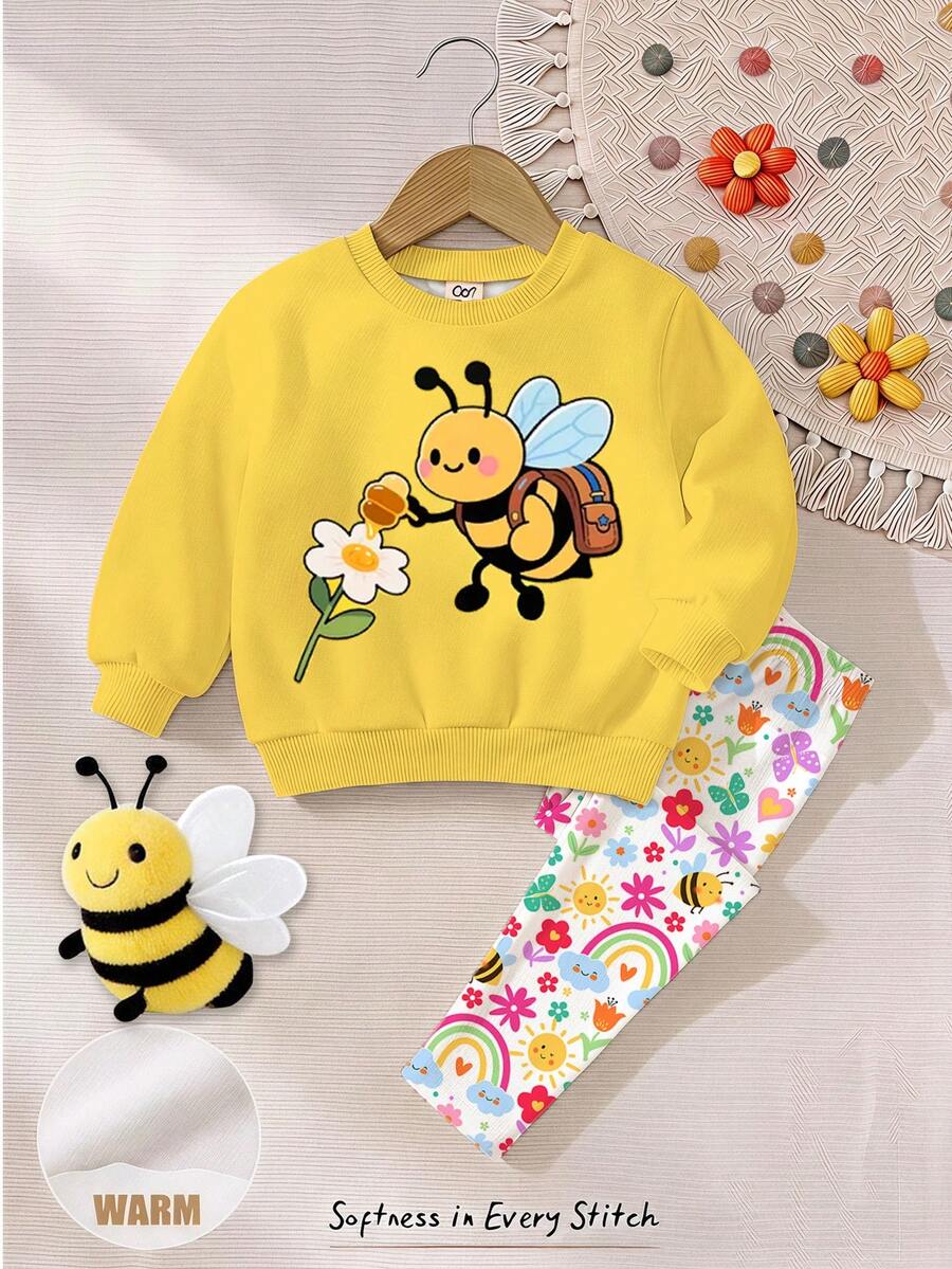 Baby Girl Casual Minimalist Loose Round Neck Sweatshirt & Elastic Waist Long Pants Set, Suitable For Autumn/Winter - Multicolor - View 1