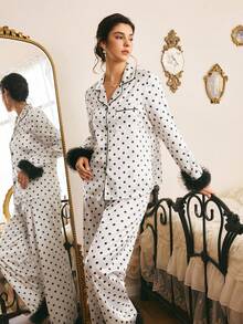 Côtesoire Women's Polka Dot Print Top And Pants Pajama Set - Black and White - View 4