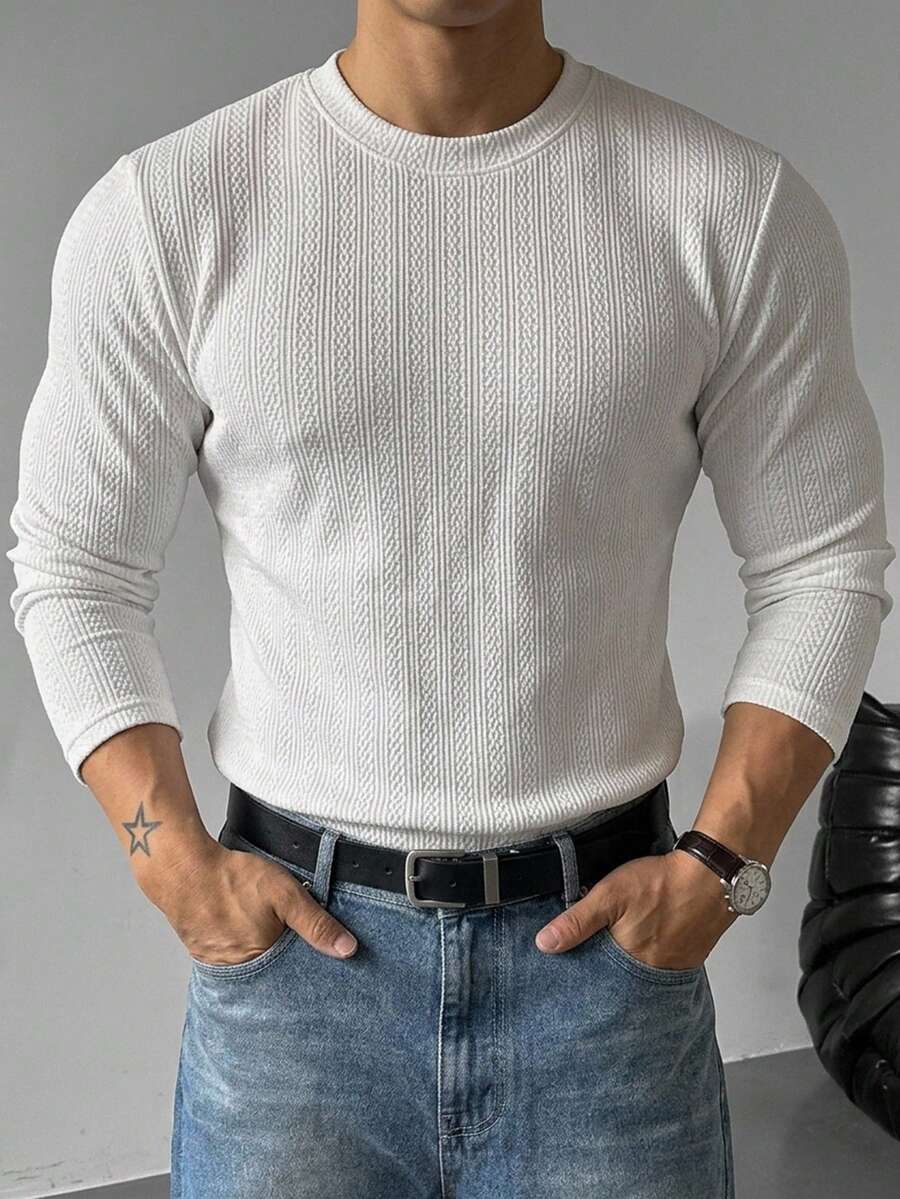 DAZY Men's White Textured Knit Long Sleeve Crew Neck Casual T-Shirt Fall - White - View 1