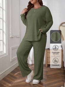 SHEIN Essnce Plus Size Casual Solid Color Long Sleeve Top And Pants 2 Pieces Set/Winter Fall - Army Green - View 6