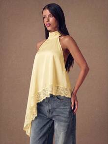 SHEIN BAE 优雅蕾丝拼接露背缎面吊带背心，适合派对、鸡尾酒会、正式场合、圣诞节、商务休闲等场合。 - 黃色 - 查看 6