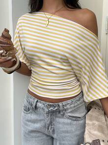Aloruh Asymmetrical Shoulder Loose Top With Ruched Waist, Simple Basic T-Shirt - Light Yellow - View 3