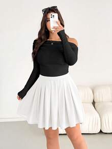 SHEIN Essnce Plus Size Women Solid Color Pleated Casual Versatile Daily Wear Skirt - White - View 7