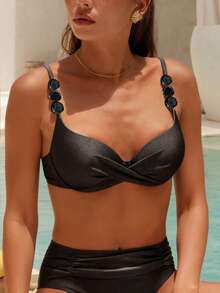 Swim Chiccia 女款純色細肩帶串珠裝飾可調節鋼圈聚攏胸部後扣三角比基尼褲前褶皺兩件式泳衣 - 黑色 - 查看 5