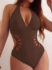 Swim SXY Solid Color Deep V-Neck Fitted Hollow Out Backless One-Piece Swimsuit For Women Bathing Suit One Piece Swimsuit - Coffee Brown - View 5