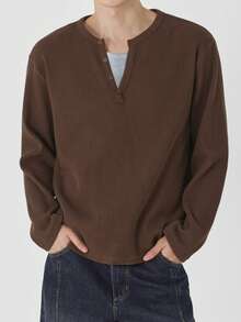 DAZY Spring/Autumn Long Sleeve Brown Waffle Knit 2 In 1 Grey Fabric Patchwork Men's T-Shirt - Brown - View 6