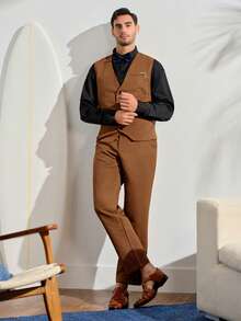 VeloEdit Men's Solid Vest And Trousers Formal Suit Set For Work,Dress Outfits For Men, Ceremony Wedding Fall Winter Business Commute‌ Old Money - Brown - View 6