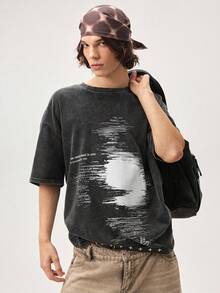 Vaulklash Manfinity Streetrush Men's Blurred Face Print Snow-Washed Cotton T-Shirt,Dark Grey Summer Streetwear City Break Short-Sleeved Round Neck Graphic Tee - Black - View 1